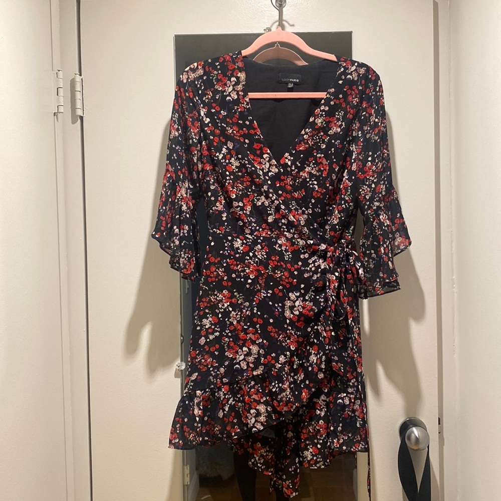 Lucy Paris floral ruffle 3/4 sleeve wrap dress